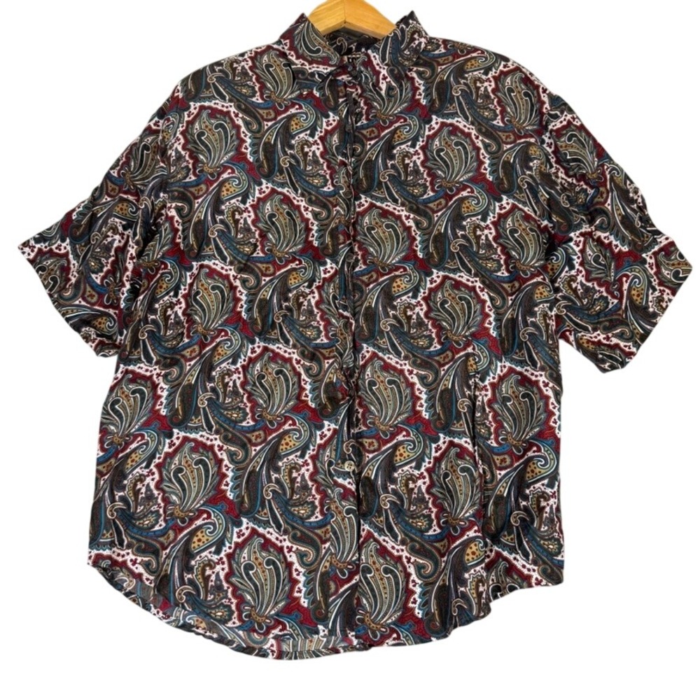 Forenza Vintage Paisley Silk Short Sleeve Button Down Shirt Size Large